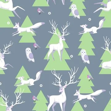 Seamless Vector pattern with Cute Woodland Animals in forest. Winter atmosp.. Illustrazione stock