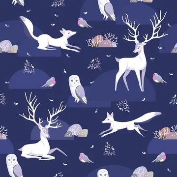 Seamless Vector pattern with Cute Woodland Animals, White Deer, Fox and Owl.  Stock Illustration
