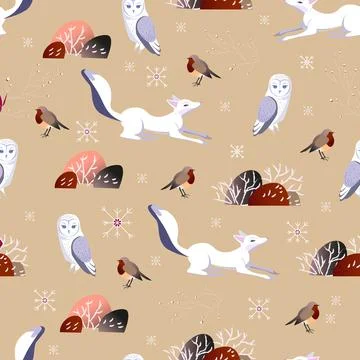 Seamless Vector pattern with Cute Woodland Animals, White Deer, Fox and Owl.  Stock Illustration