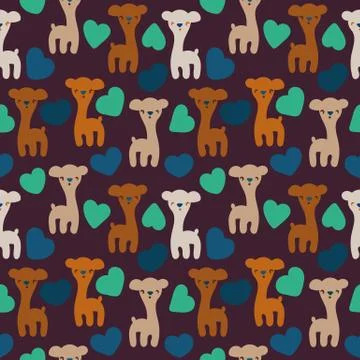 Seamless vector pattern with cute young llamas and hearts on a dark background Stock Illustration