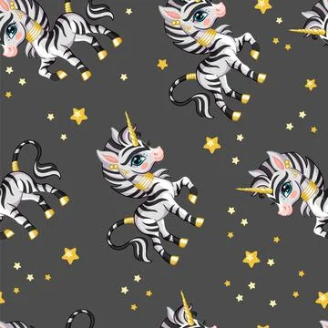 Seamless vector pattern with cute zebra unicorn and stars Stock Illustration