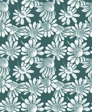 A seamless vector pattern with daisy flowers on a popular dark turquoise ba.. Stock Illustration