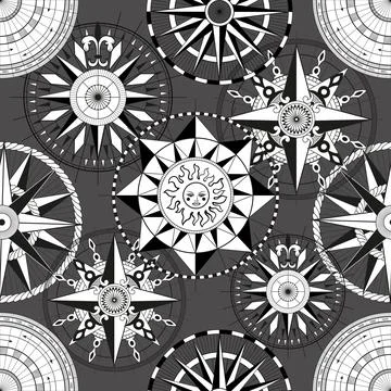 Seamless vector pattern with decorated compasses, sea marine objects Stock Illustration