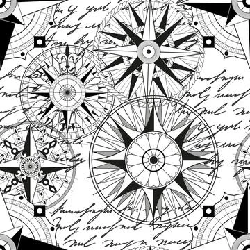 Seamless vector pattern with decorated compasses, marine objects Illustrazione stock