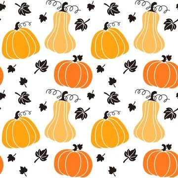 Seamless vector pattern of decorative pumpkins and fall leaves on white bac.. Stock Illustration