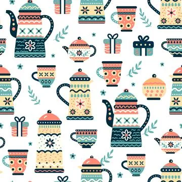 Seamless Vector Pattern With Decorative Teapots, Cups, And Gifts In Folk Ar.. Stock Illustration