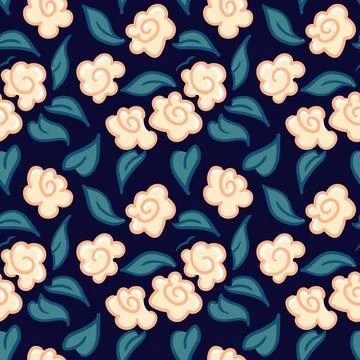 Seamless vector pattern of delicate flowers and cottage core motifs, combining Stock Illustration