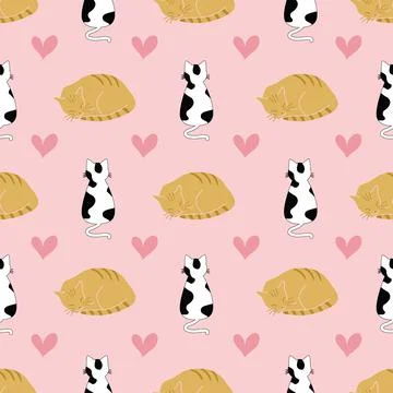 Seamless vector pattern design with cute cats and hearts on pink background Stock Illustration