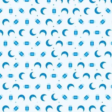 Seamless vector pattern design featuring blue crescent moons and digital de.. Stock Illustration