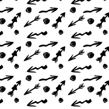 Seamless vector pattern with different arrows and circles, black on white. Hand Stock Illustration