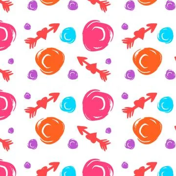 Seamless vector pattern with different arrows and circles, colorful on white Stock Illustration
