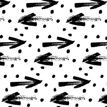 Seamless vector pattern with different arrows and circles, black on white. Hand Stock Illustration