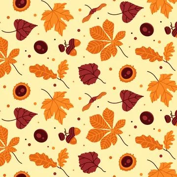Seamless vector pattern of different autumn leaves, chestnut and acorn. Aut.. イラスト素材