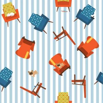 Seamless vector pattern of different chairs and animals. Stock Illustration