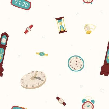 Seamless vector pattern with different clocks. Types of watches. Illustrati.. Stock Illustration