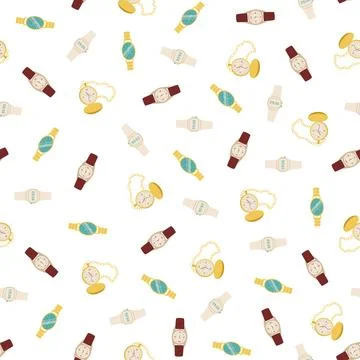 Seamless vector pattern with different clocks. Types of watches. Illustration Stock Illustration