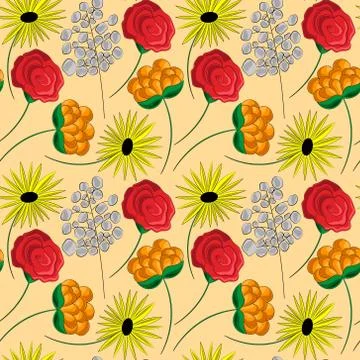 Seamless vector pattern with different colored flowers Stock Illustration