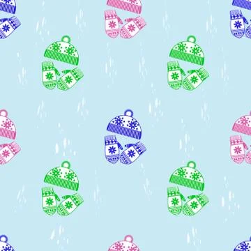 Seamless vector pattern. Different colors bright warm knitted hats and mitt.. Stock Illustration
