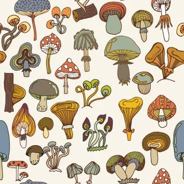 Seamless vector pattern of different mushrooms. Stock Illustration