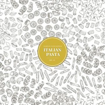 Seamless vector pattern with different types of traditional Italian pasta. Hand Stock Illustration