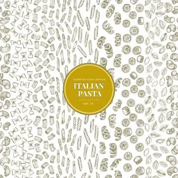 Seamless vector pattern with different types of traditional Italian pasta. Hand Stock Illustration