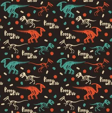 Seamless vector pattern with dinosaur skeleton. Stock Illustration