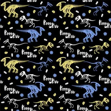 Seamless vector pattern with dinosaur skeleton. Illustrazione stock