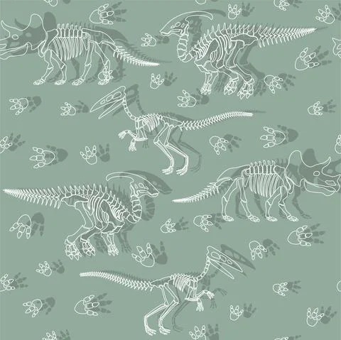 Seamless vector pattern with dinosaur skeleton. Stock Illustration
