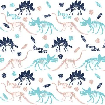 Seamless vector pattern with dinosaur skeleton. Illustrazione stock