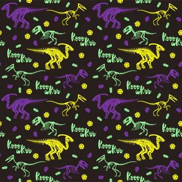 Seamless vector pattern with dinosaur skeleton. Illustrazione stock