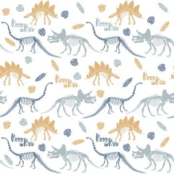 Seamless vector pattern with dinosaur skeleton. Stock Illustration