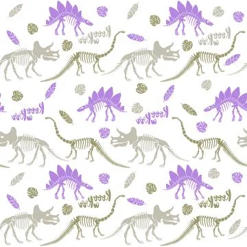 Seamless vector pattern with dinosaur skeleton. Illustrazione stock