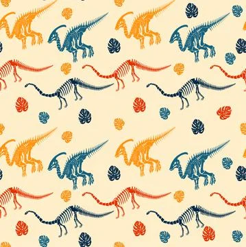 Seamless vector pattern with dinosaur skeleton. Illustrazione stock