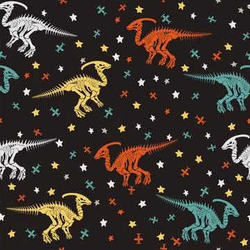 Seamless vector pattern with dinosaur skeleton. Illustrazione stock