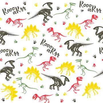 Seamless vector pattern with dinosaur skeleton. Illustrazione stock