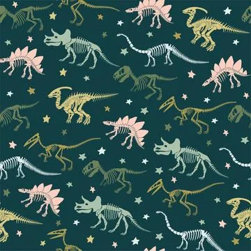 Seamless vector pattern with dinosaur skeleton. Stock Illustration