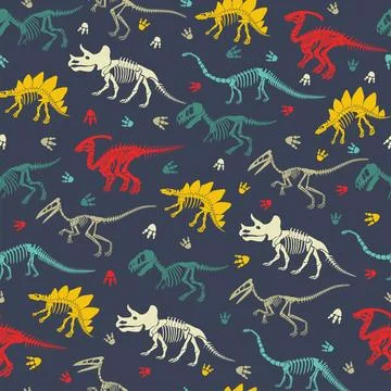 Seamless vector pattern with dinosaur skeleton. Illustrazione stock