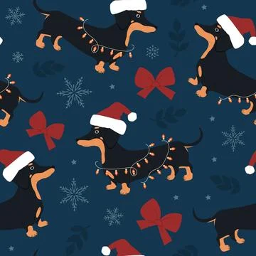 Seamless vector pattern with dog dachshund in a Christmas hat in a garland an Stock Illustration