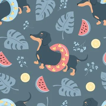 Seamless vector pattern of dog dachshunds, monstera leaves, watermelons, lemo Stock Illustration