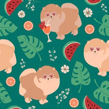 Seamless vector pattern of dog pomeranians, monstera leaves, watermelons, gra Illustrazione stock
