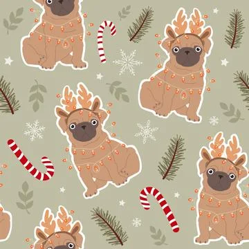 Seamless vector pattern with dog pug in deer horns and christmas elements. Fo 스톡 일러스트