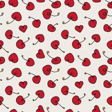Seamless vector pattern with doodle cherries and hearts Illustrazione stock