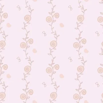 Seamless vector pattern with doodle floral stripes, butterflies and hearts Stock Illustration