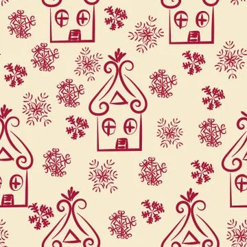 Seamless vector pattern with doodle houses and snow Illustrazione stock