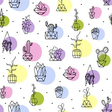 Seamless vector pattern Doodle plants with color circles Stock Illustration