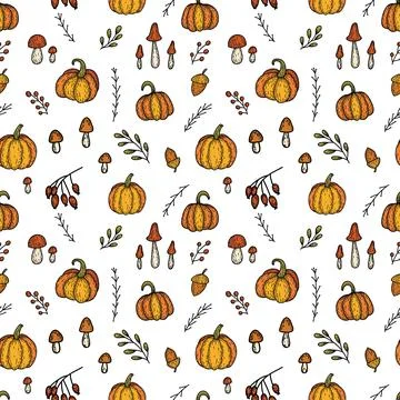 Seamless vector pattern with doodle pumpkins, mushrooms, leaves and branches Stock Illustration