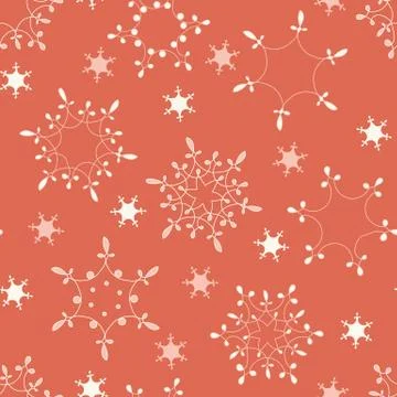 Seamless vector pattern with doodle snowflakes on coral Stock Illustration