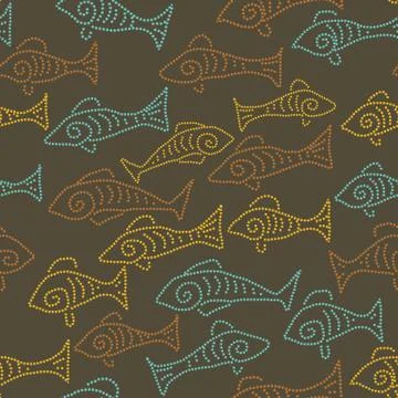Seamless vector pattern with dotted fish on a dark brown background Stock Illustration
