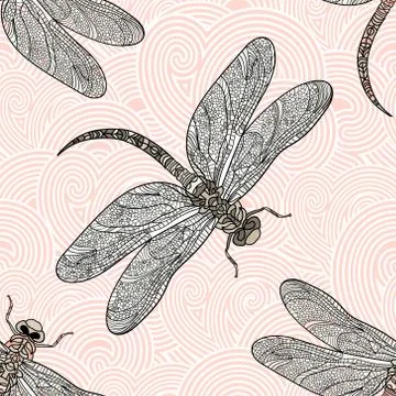 Seamless vector pattern with dragonfly on a rose background Illustrazione stock