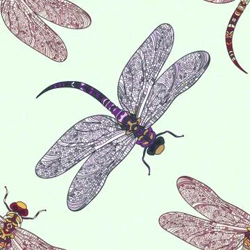 Seamless vector pattern with dragonfly on a tender blue background. Stock Illustration